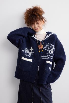 加厚海军领趣味提花羊毛外套