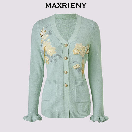 玛克门店发货：MAXRIENY绿意针织薄荷绿绣花v领修身外套女(货号:MC85JA789) 商品图4