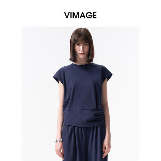 VIMAGE纬漫纪圆领休闲运动感收腰显瘦小飞袖短袖上衣2026夏季新款V2513210 商品图5