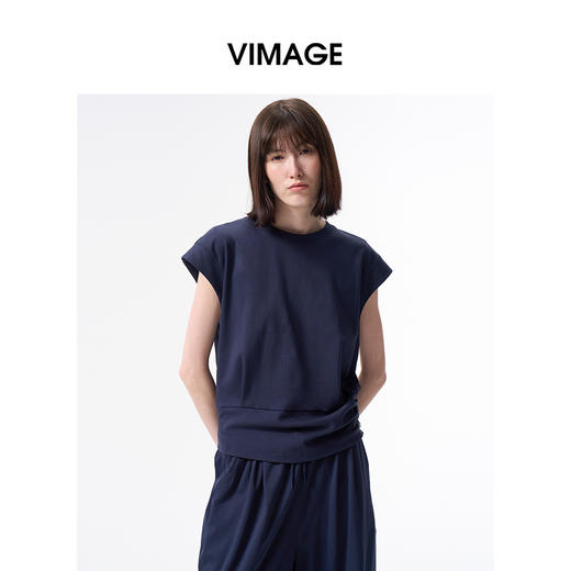 VIMAGE纬漫纪圆领休闲运动感收腰显瘦小飞袖短袖上衣2026夏季新款V2513210 商品图3