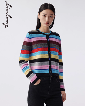 朗姿 复古彩色条纹针织开衫LAJH02KCD458
