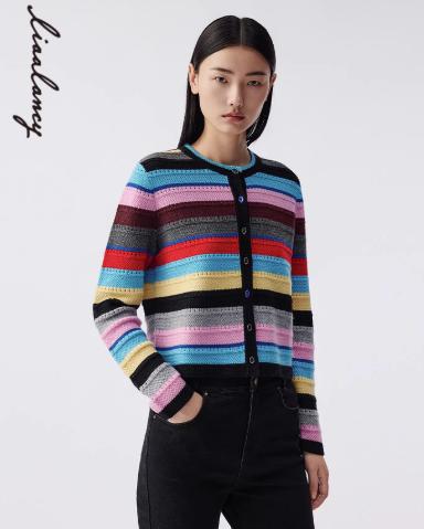 朗姿 复古彩色条纹针织开衫LAJH02KCD458 商品图0