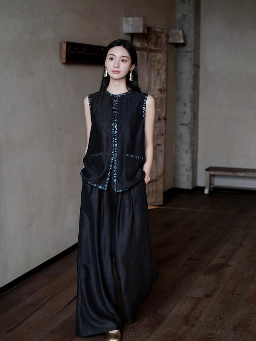 盛唐牡丹 | 青金石色龟纹香云纱阔腿裤 商品图0