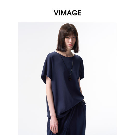VIMAGE纬漫纪百搭圆领休闲风宽松抽绳短袖T恤上衣2026夏季新款V2513211 商品图1