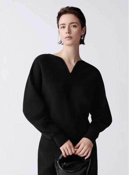 朗姿 法式气质V领黑色短款针织衫LSJH02KPR482 商品图0