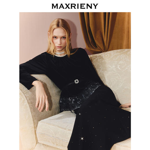 MAXRIENY复古赫本风丝绒衬衫蕾丝花边收腰上衣25秋款法式优雅长袖(货号:MS86TP505) 商品图2