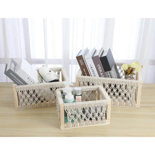 【3件套】美国 Macrame 高品质木制棉绳编织储物篮套装 桌面收纳筐 化妆品零食玩具收纳 X002BRBOYH 商品图2