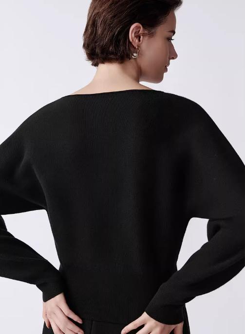 朗姿 法式气质V领黑色短款针织衫LSJH02KPR482 商品图3