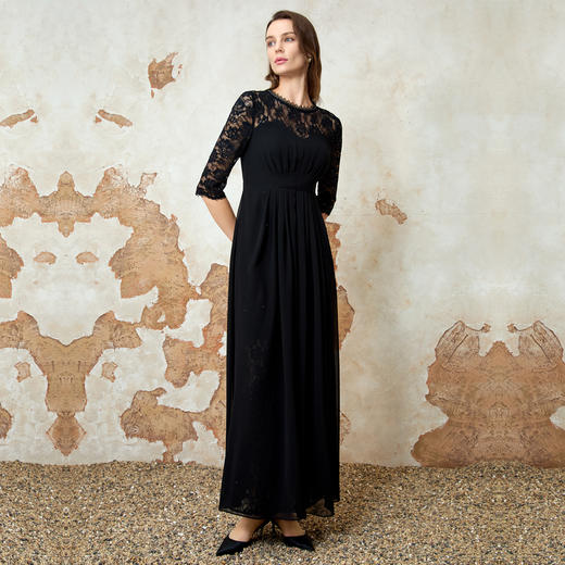 EITIE爱特爱春季新款法式气质显瘦压褶蕾丝拼接显瘦黑色连衣裙8107841 商品图2