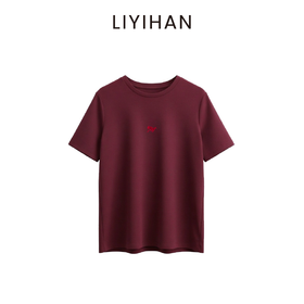 LIYIHAN 2026新年酒红色短袖t恤女直筒春夏新款刺绣长绒纯棉上衣