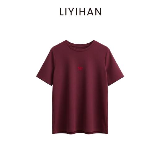 LIYIHAN 2026新年酒红色短袖t恤女直筒春夏新款刺绣长绒纯棉上衣 商品图0