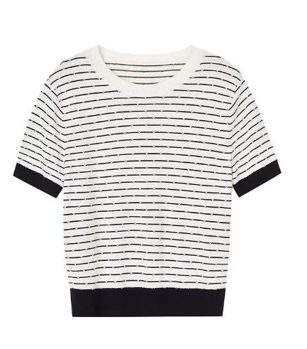 朗姿 气质丝绵条纹半袖针织衫女秋简约菱格短上衣LCJH01KPR472 商品图7