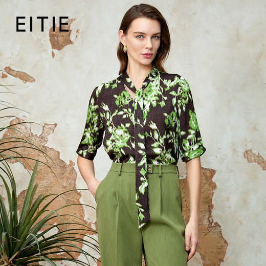 EITIE爱特爱复古飘带V领气质优雅印花中袖衬衫春季新款8109804 商品图1