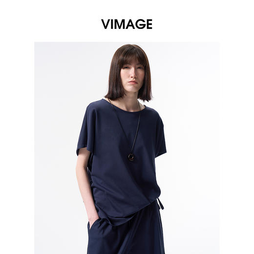 VIMAGE纬漫纪百搭圆领休闲风宽松抽绳短袖T恤上衣2026夏季新款V2513211 商品图3