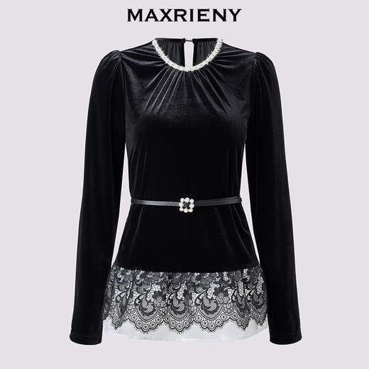 MAXRIENY复古赫本风丝绒衬衫蕾丝花边收腰上衣25秋款法式优雅长袖(货号:MS86TP505) 商品图4