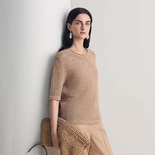 EITIE爱特爱舒适高级感简约圆领针织衫短袖2026夏季新款8601301 商品图3