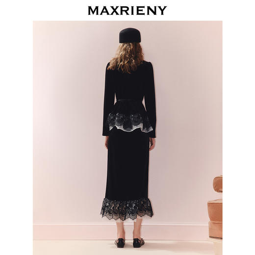 MAXRIENY复古赫本风丝绒衬衫蕾丝花边收腰上衣25秋款法式优雅长袖(货号:MS86TP505) 商品图3