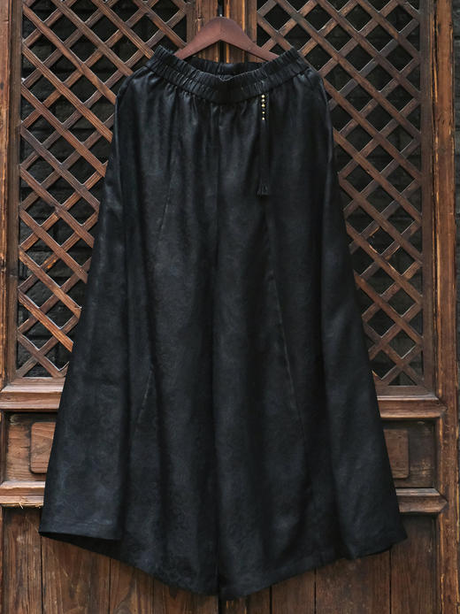 盛唐婧| 新中式香云纱花罗流苏阔腿裤 商品图0