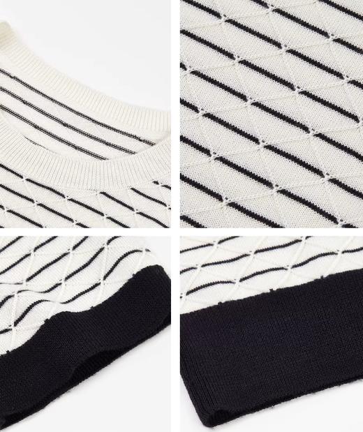 朗姿 气质丝绵条纹半袖针织衫女秋简约菱格短上衣LCJH01KPR472 商品图6