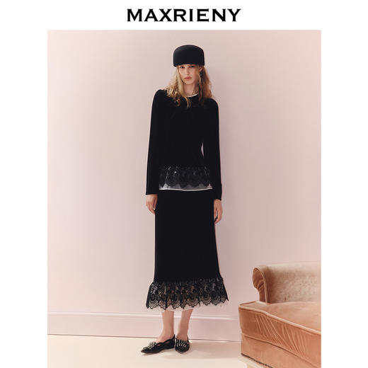 MAXRIENY复古赫本风丝绒衬衫蕾丝花边收腰上衣25秋款法式优雅长袖(货号:MS86TP505) 商品图1