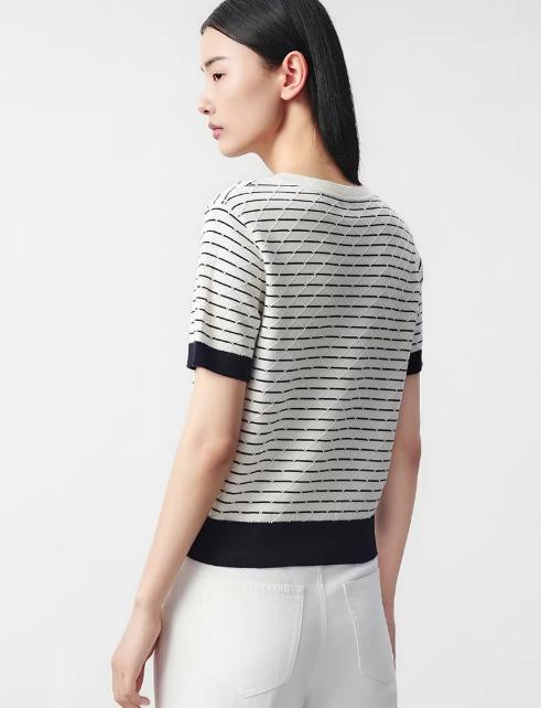 朗姿 气质丝绵条纹半袖针织衫女秋简约菱格短上衣LCJH01KPR472 商品图3