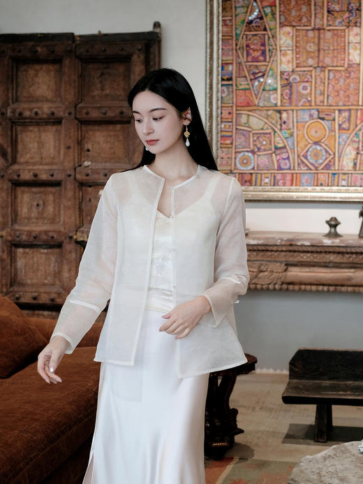 盛唐牡丹 | 汉白玉色真丝绡女上衣 商品图0