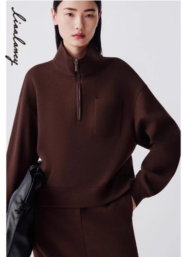 朗姿 羊毛气质休闲立领针织卫衣女简约半拉链上衣LAJH04JHT171 商品图0