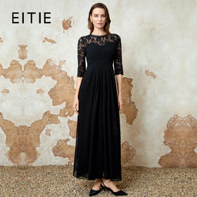 EITIE爱特爱春季新款法式气质显瘦压褶蕾丝拼接显瘦黑色连衣裙8107841