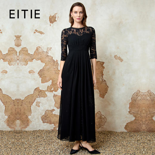 EITIE爱特爱春季新款法式气质显瘦压褶蕾丝拼接显瘦黑色连衣裙8107841 商品图0