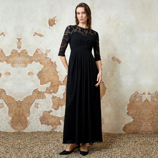 EITIE爱特爱春季新款法式气质显瘦压褶蕾丝拼接显瘦黑色连衣裙8107841 商品图1