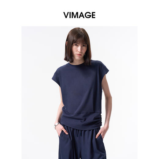 VIMAGE纬漫纪圆领休闲运动感收腰显瘦小飞袖短袖上衣2026夏季新款V2513210 商品图1