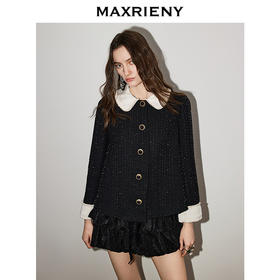 玛克门店发货：MAXRIENY黑色羊毛外套2026年春季新款娃娃领小香风花纱钉珠短外套(货号:MF86JA759)