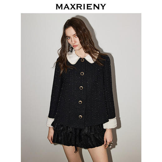玛克门店发货：MAXRIENY黑色羊毛外套2026年春季新款娃娃领小香风花纱钉珠短外套(货号:MF86JA759) 商品图0