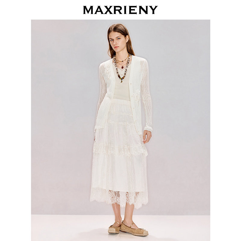 MAXRIENY法式宫廷风半身裙2026年春季新款米白色半裙蕾丝刺绣长裙(货号:MF80SK014)