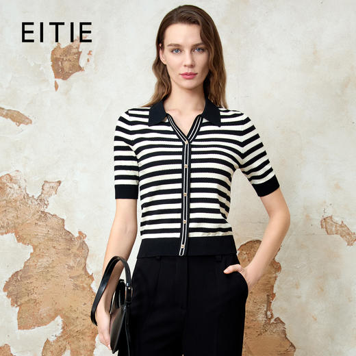 EITIE爱特爱修身显瘦黑白条纹翻领气质百搭针织衫上衣春季新款8101808 商品图0