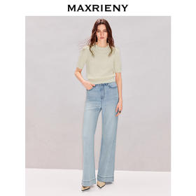 玛克门店发货：MAXRIENY半高领针织衫2026年春季新款钉珠套头毛衣荷叶边短袖上衣(货号:MF80SW007)