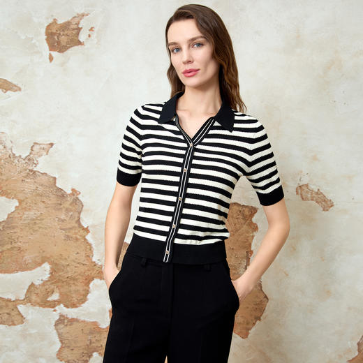 EITIE爱特爱修身显瘦黑白条纹翻领气质百搭针织衫上衣春季新款8101808 商品图2