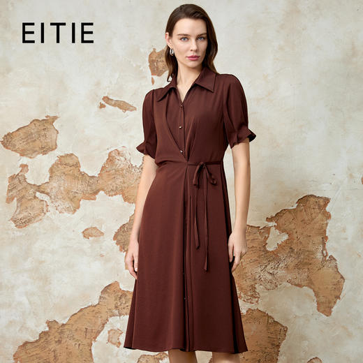 EITIE爱特爱精致通勤气质收腰咖色压褶a字衬衫连衣裙春季新款8107824 商品图0