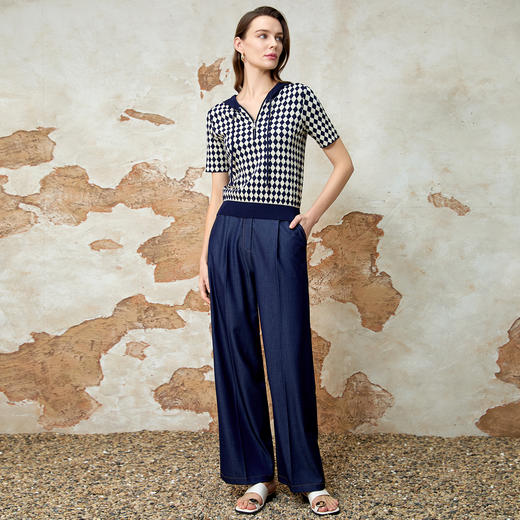 EITIE爱特爱V领显瘦短款百搭撞色连帽休闲短袖针织衫春季新款8101810 商品图1