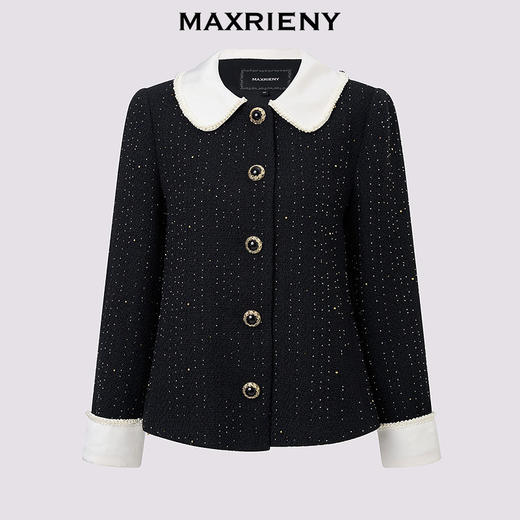 玛克门店发货：MAXRIENY黑色羊毛外套2026年春季新款娃娃领小香风花纱钉珠短外套(货号:MF86JA759) 商品图3