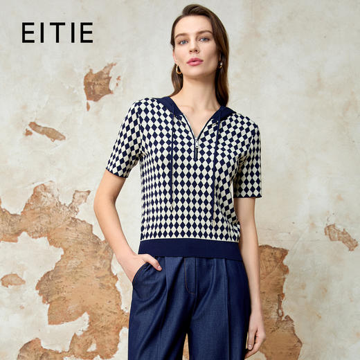 EITIE爱特爱V领显瘦短款百搭撞色连帽休闲短袖针织衫春季新款8101810 商品图0