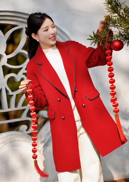 【鸿运大衣】臣禾 亮丝包边西装领大衣外套9233080281 商品图0