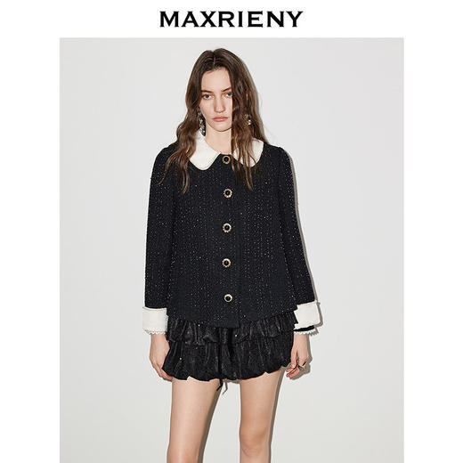 玛克门店发货：MAXRIENY黑色羊毛外套2026年春季新款娃娃领小香风花纱钉珠短外套(货号:MF86JA759) 商品图1