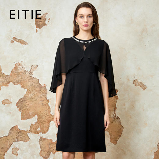 EITIE爱特爱春季新款时尚斗篷网纱显瘦气质黑色连衣裙8107831 商品图0