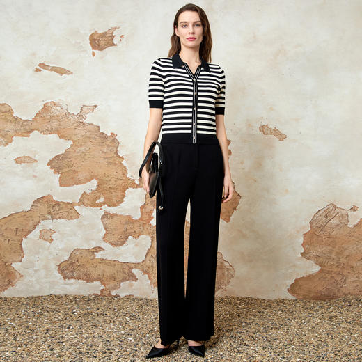 EITIE爱特爱修身显瘦黑白条纹翻领气质百搭针织衫上衣春季新款8101808 商品图1