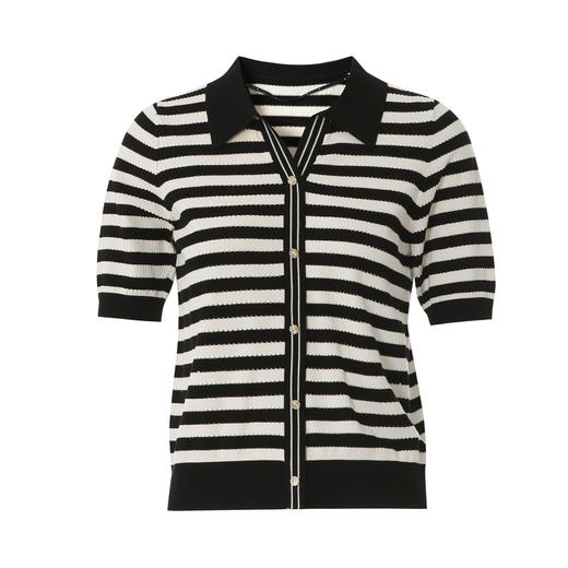 EITIE爱特爱修身显瘦黑白条纹翻领气质百搭针织衫上衣春季新款8101808 商品图5