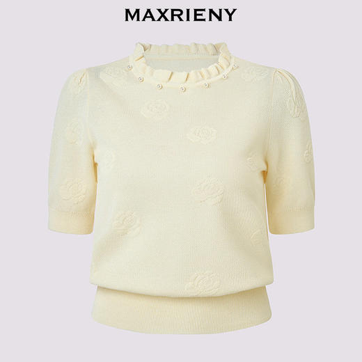 玛克门店发货：MAXRIENY半高领针织衫2026年春季新款钉珠套头毛衣荷叶边短袖上衣(货号:MF80SW007) 商品图3