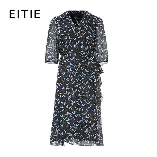 EITIE爱特爱气质V领五分袖A字通勤收腰系带印花连衣裙2026春季新款8507227 商品图6