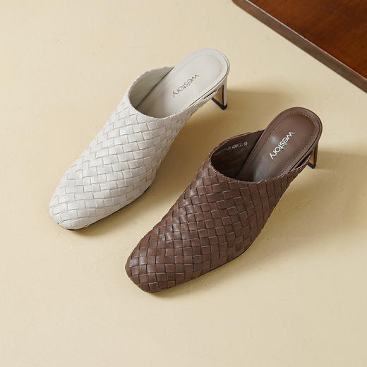 Westory2026年春季小方头中跟牛皮编织穆勒拖鞋后空鞋W26AH51081 商品图9