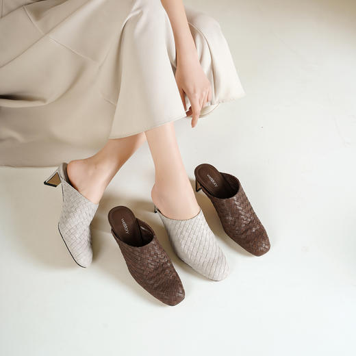 Westory2026年春季小方头中跟牛皮编织穆勒拖鞋后空鞋W26AH51081 商品图2